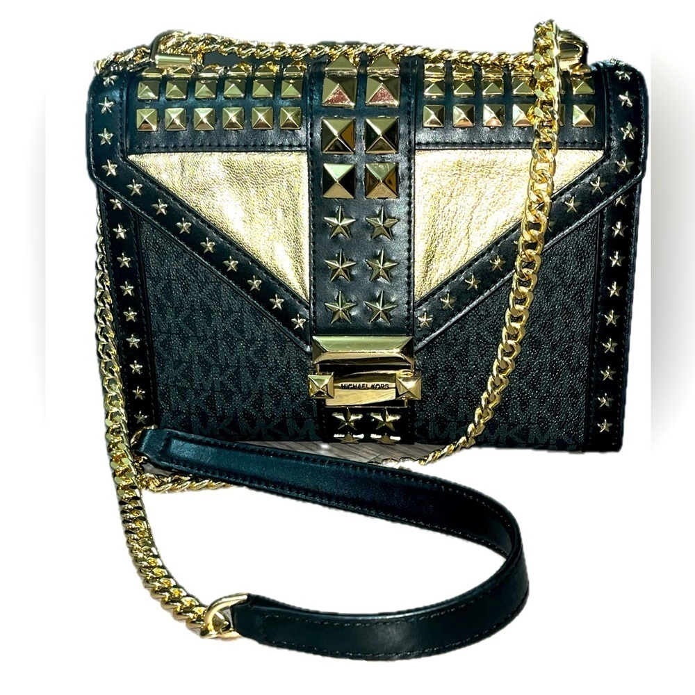 Michael Kors Whitney Large Star Embellished Logo Shoulder Bag, Black & Gold